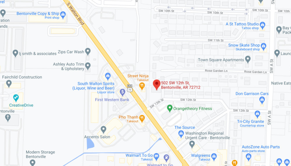 Map showing Uptown Barber Lounge at 502 SW 12th St, Bentonville
